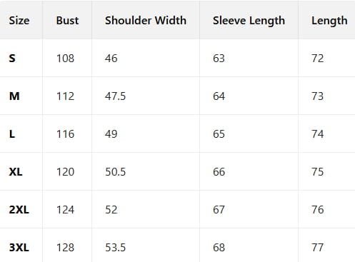 Size chart for a women’s corduroy suit displaying measurements in inches for sizes s through 3xl in a minimalist retro casual blazer style.