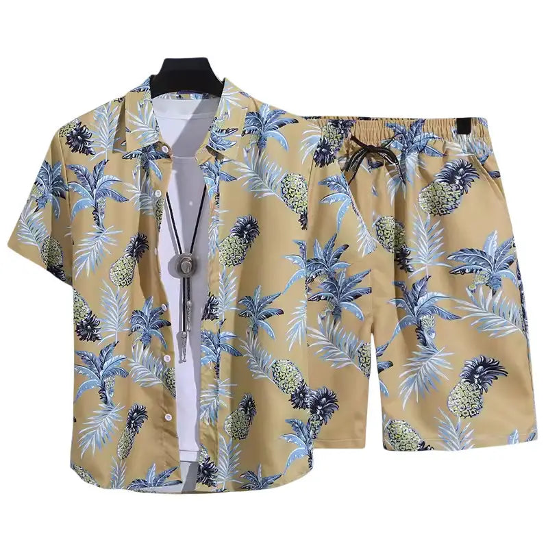 beige floral shirt and shorts set featuring a retro tropical print with pineapple and palm leaf patterns in blue white and black suitable for casual summer wear