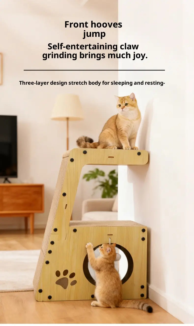 Hellfarbener Holz-Kratzbaumbett für Katzen mit Pfotenabdruck-Design, kreisförmigem Eingangstunnel und Pompon für Katzen.
