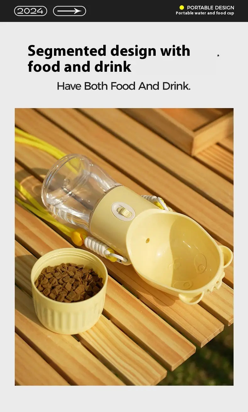 Distributeur portable pour eau et nourriture pour chien en jaune, de conception segmentée, avec un réservoir en plastique transparent, des poignées en silicone moulées et un bol amovible pour une alimentation et une hydratation faciles.