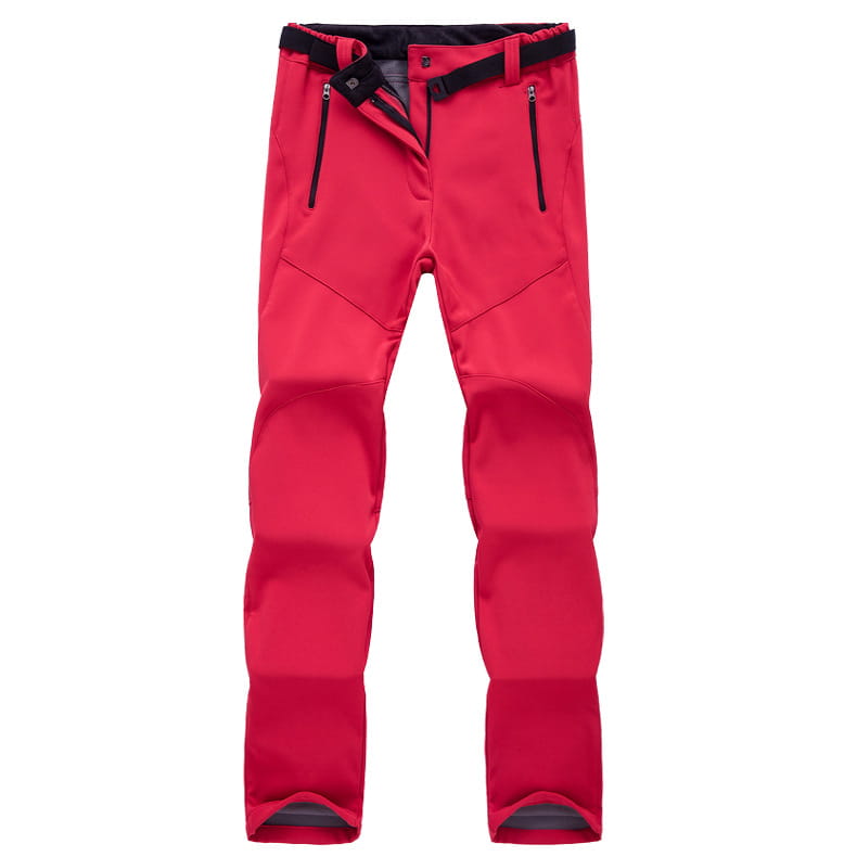 Bright red waterproof fleece ski pants for men and women featuring black zippers and a belt.