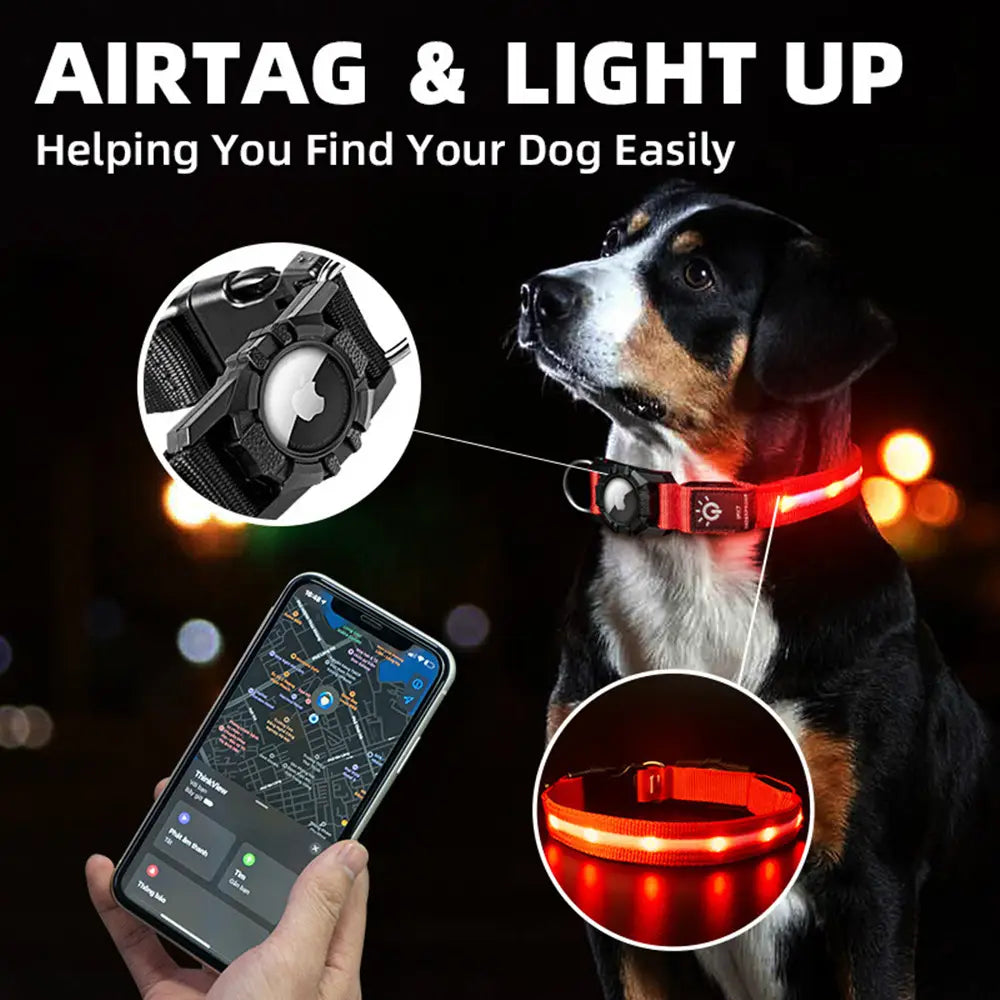 Collar para perros con luz LED roja, fabricado en nailon, con localizador Airtag integrado, diseñado para un seguimiento impermeable y para la seguridad.