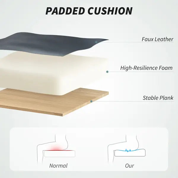 Padded cushion of massage office chair with footrest and high back featuring a black faux leather top layer, white high-resilience foam middle layer, and stable wooden plank base.