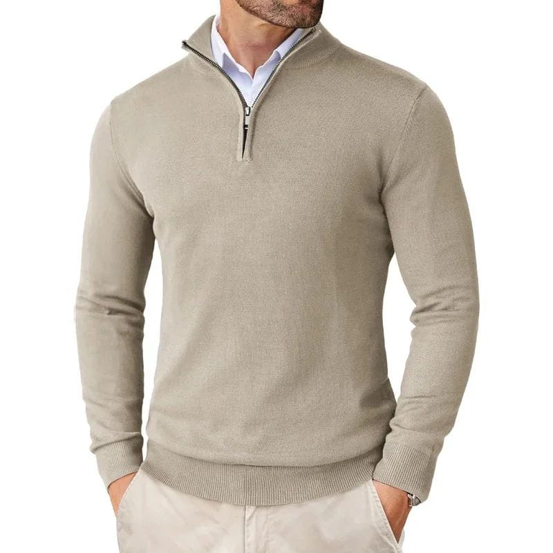 Suéter ligero de media cremallera para hombre en color beige, confeccionado con material suave, con puños y bajo acanalados.