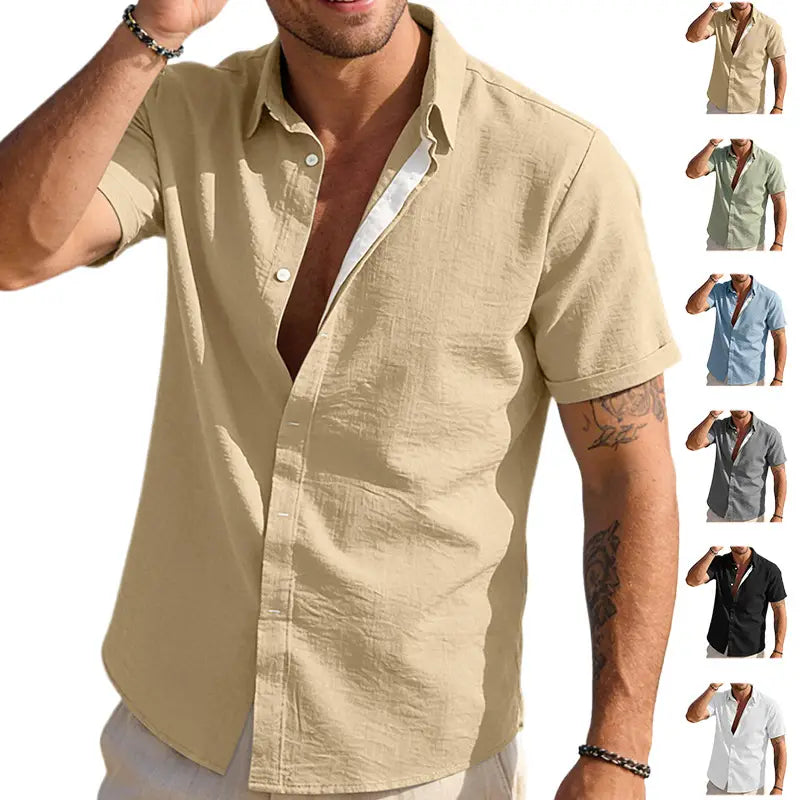 Beige men’s textured bamboo linen short sleeve button down shirt with a linen-like fabric and contrasting white inner collar.