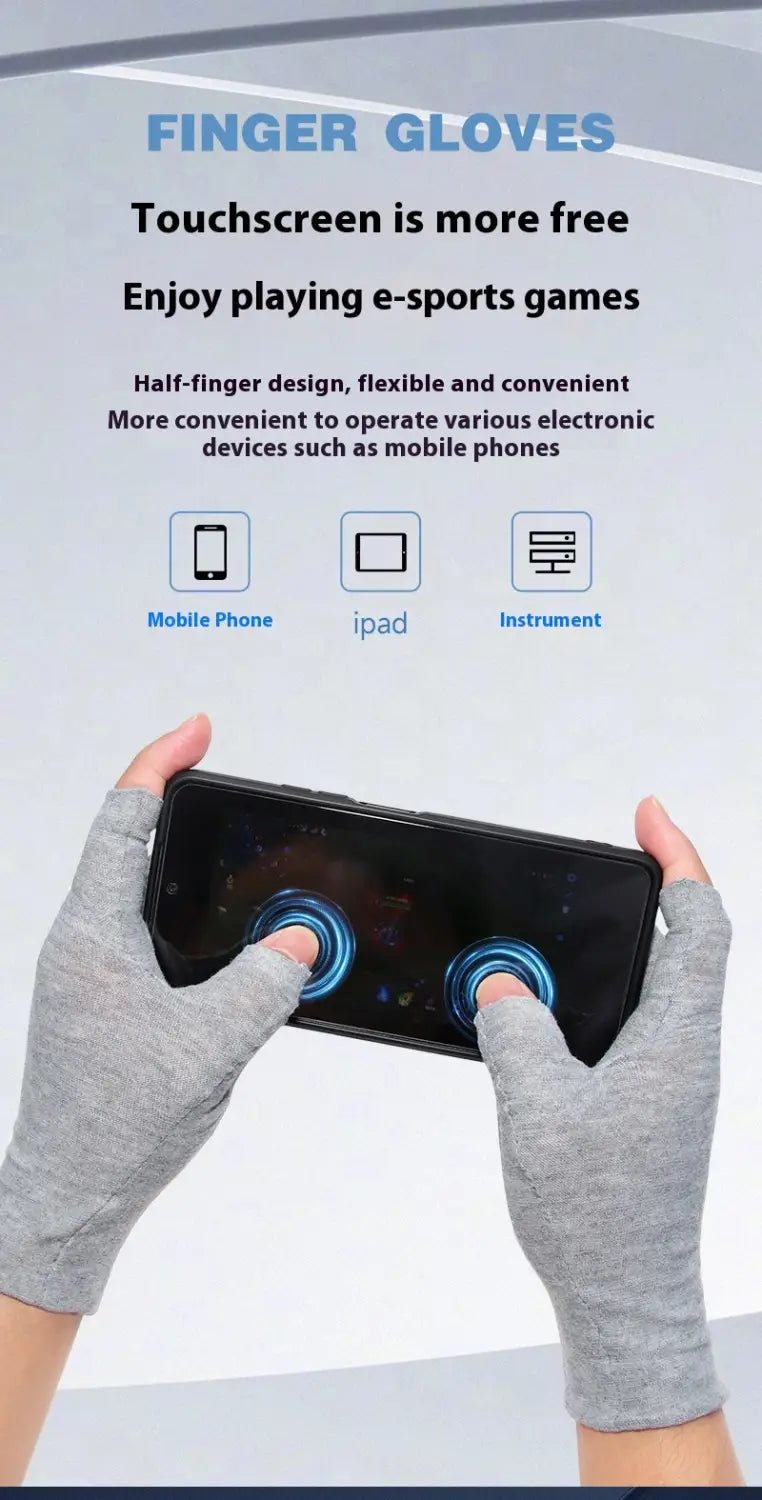 Graue Halbfinger-Touchscreen-Handschuhe aus atmungsaktiver weißer Baumwolle, für leichtes E-Sport-Gameplay ausgelegt, von der Rückseite des Produkts gezeigt.