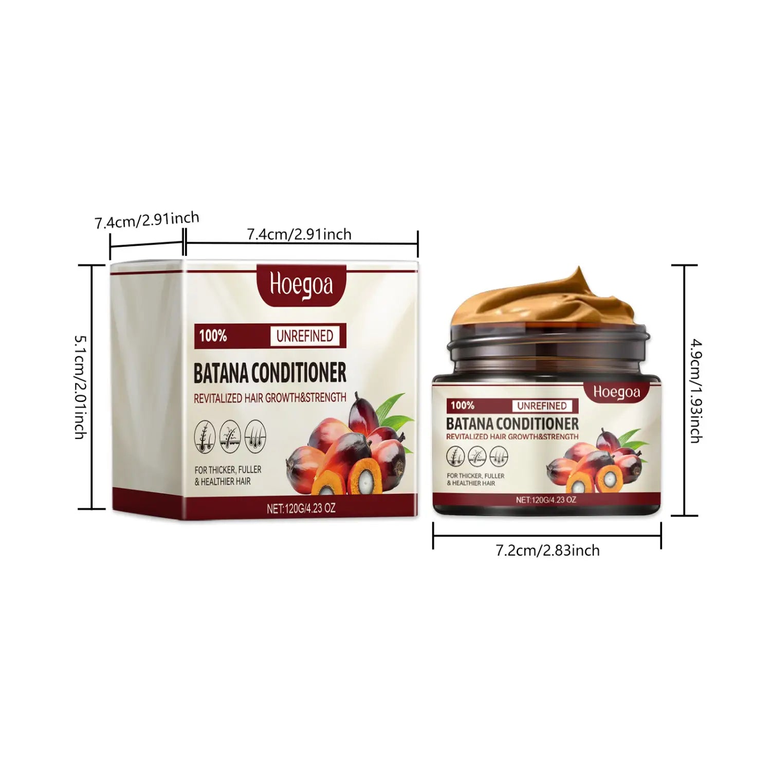 Hoegoa Batana-Haarspülung mit Keratin zur Glättung in einem dunklen Glas mit einem weißen und roten Etikett, das dicke braune Paste enthält.