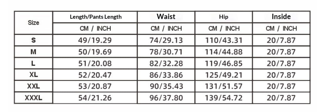 The table displays size measurements in centimeters and inches for mens cotton linen drawstring shorts including length waist hip and inside leg dimensions across sizes s through xxxl.