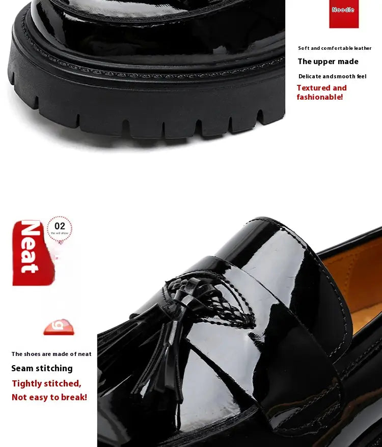 men’s black patent leather tassel loafer with chunky textured sole suitable for formal and casual wear