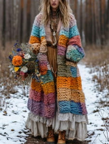 Ein langer, farbenfroher, handgestrickter Regenbogen-Kapuzenmantel aus Patchwork mit einem mit Fransen versehenen Saum.