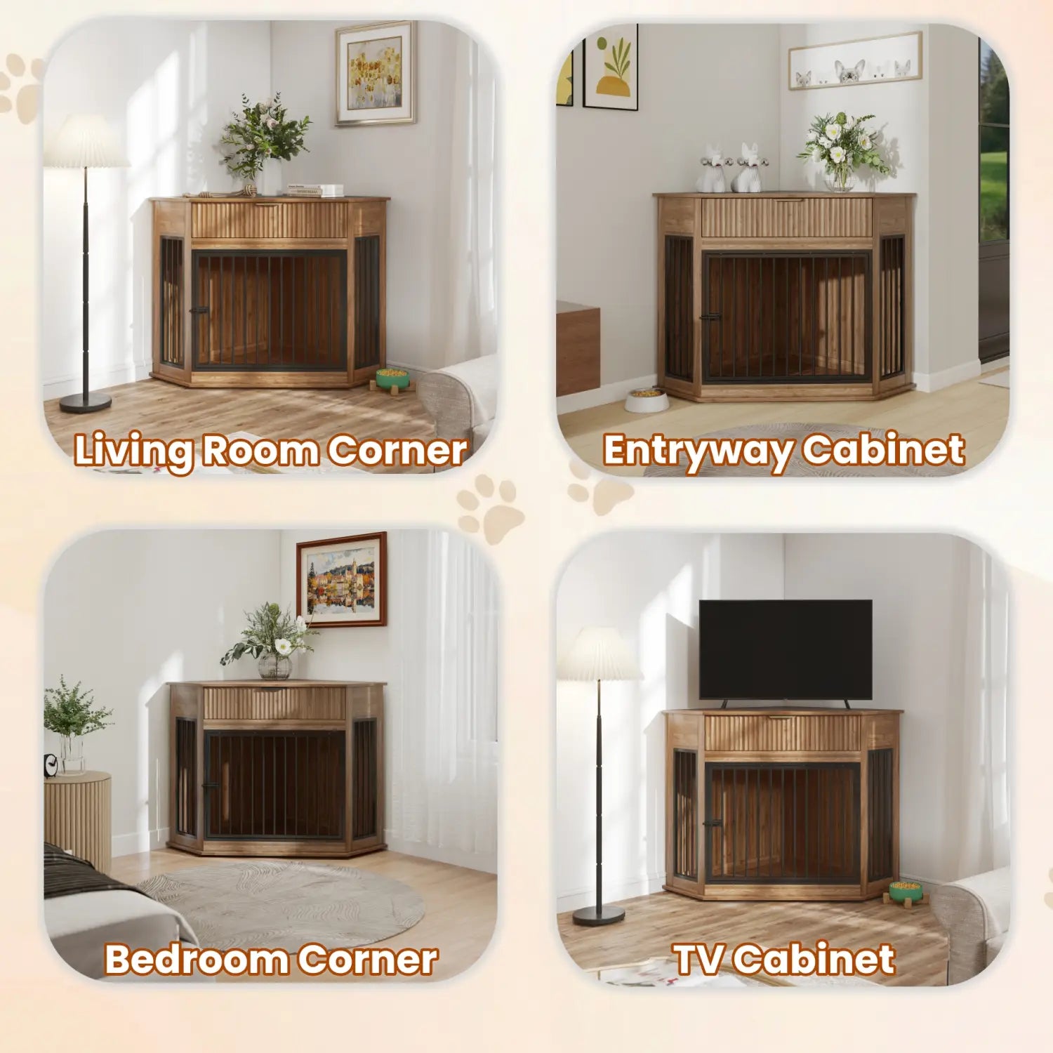 Wooden corner dog crate furniture with a warm brown finish featuring a slatted front, glass-paneled doors, and a fluted storage drawer.
