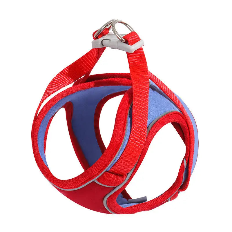 Reflective cat harness and leash set escape proof in red and blue with reflective strips and a silver metal clasp.