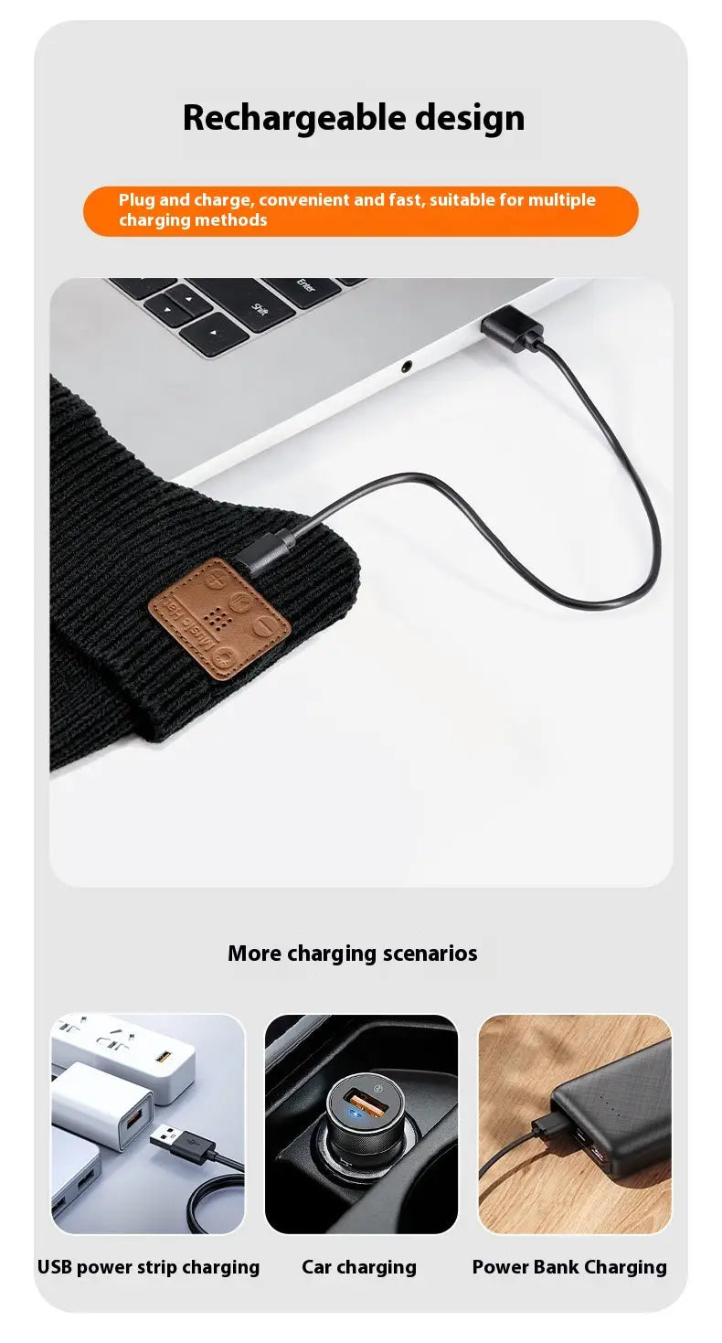 Black knitted led bluetooth beanie hat for running featuring a brown leather patch with a circular logo.
