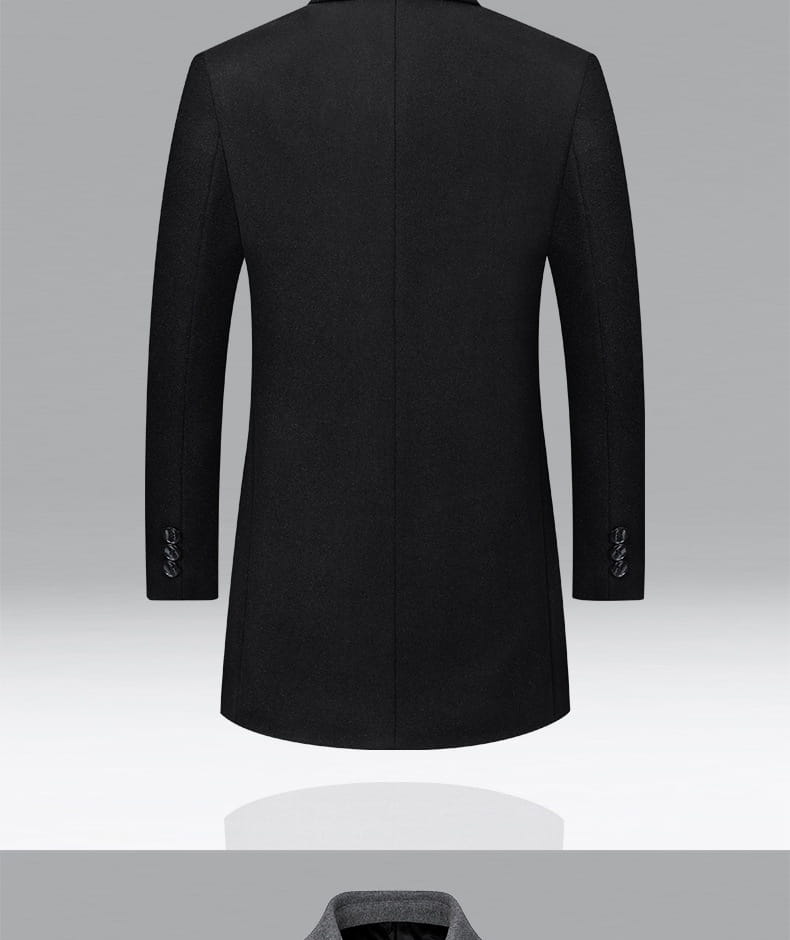 Black tailored men woolen overcoat with subtle texture and decorative button details on the cuffs featuring quilted lining.