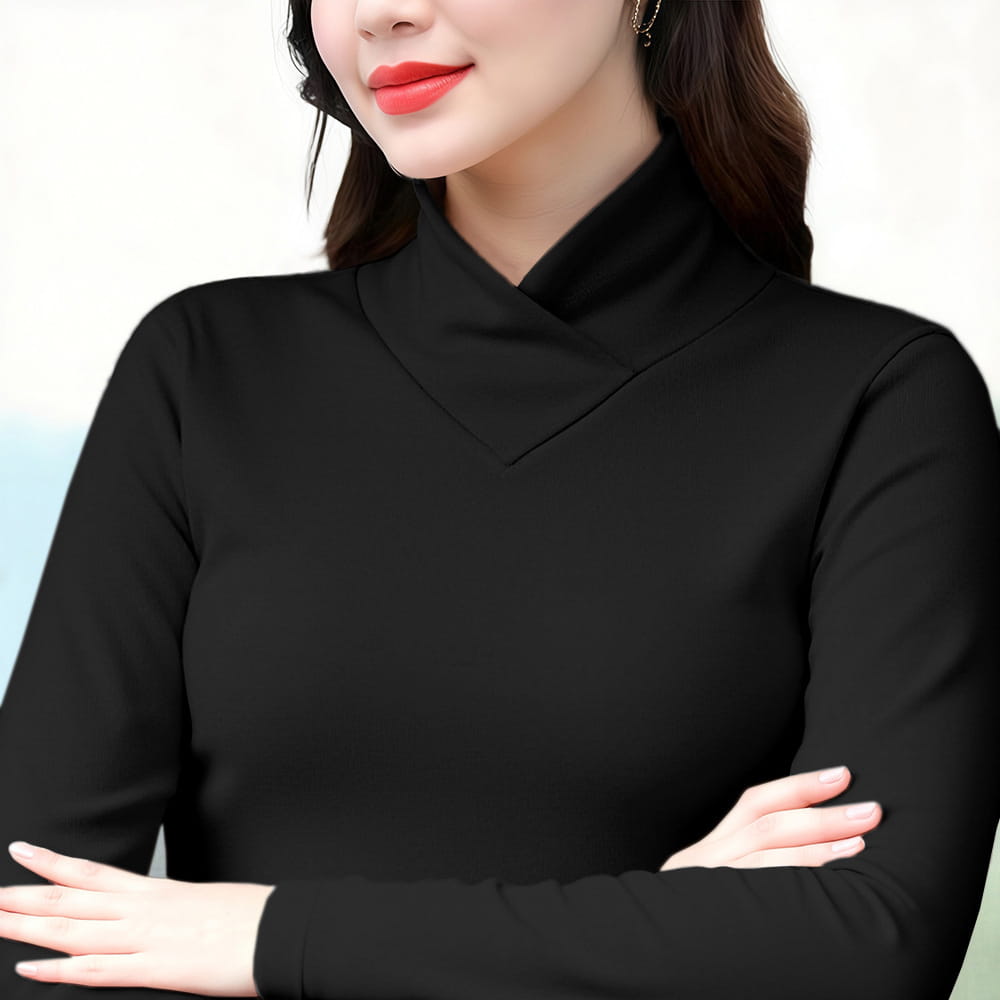 Black Dralon turtleneck thermal base layer top with long sleeves smooth form-fitting fabric and a classic v-neckline.
