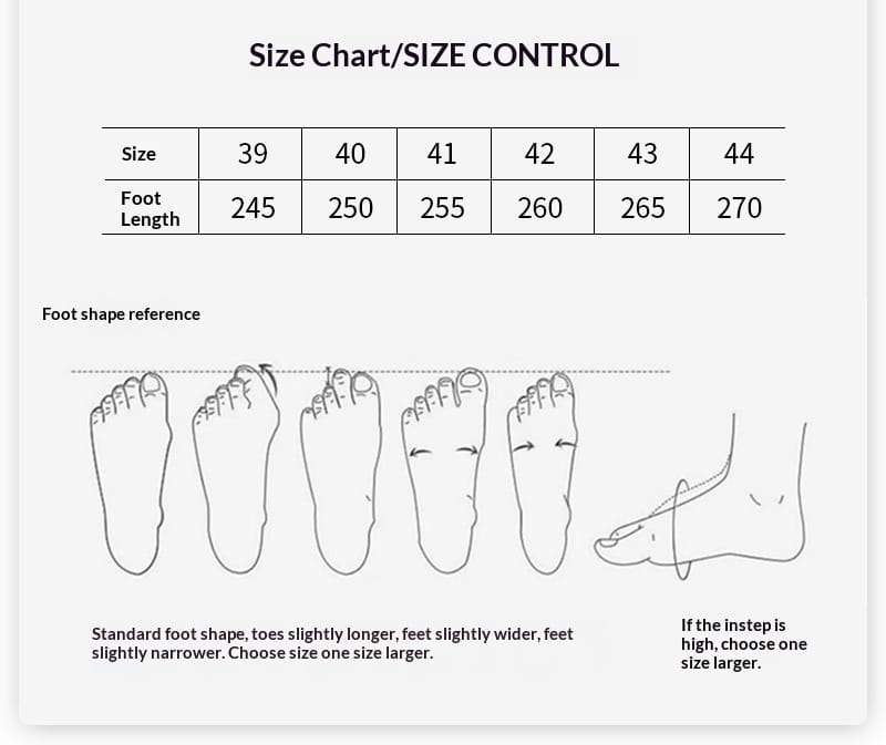 Size chart and foot shape reference guide for men’s leather winter hiking boots waterproof shoes showing accurate sizing information.
