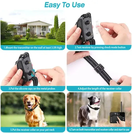 Système de clôture sans fil pour chien et collier de dressage avec collier noir en plastique et sangle réglable ainsi que des sondes métalliques pour un dressage efficace du chien.