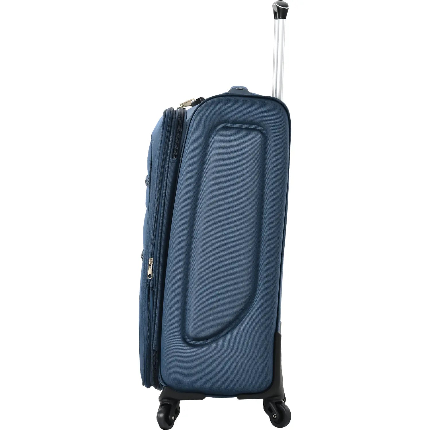 Navy blue hard-shell suitcase with a textured surface and black wheels from a softside expandable 3 piece spinner luggage set.