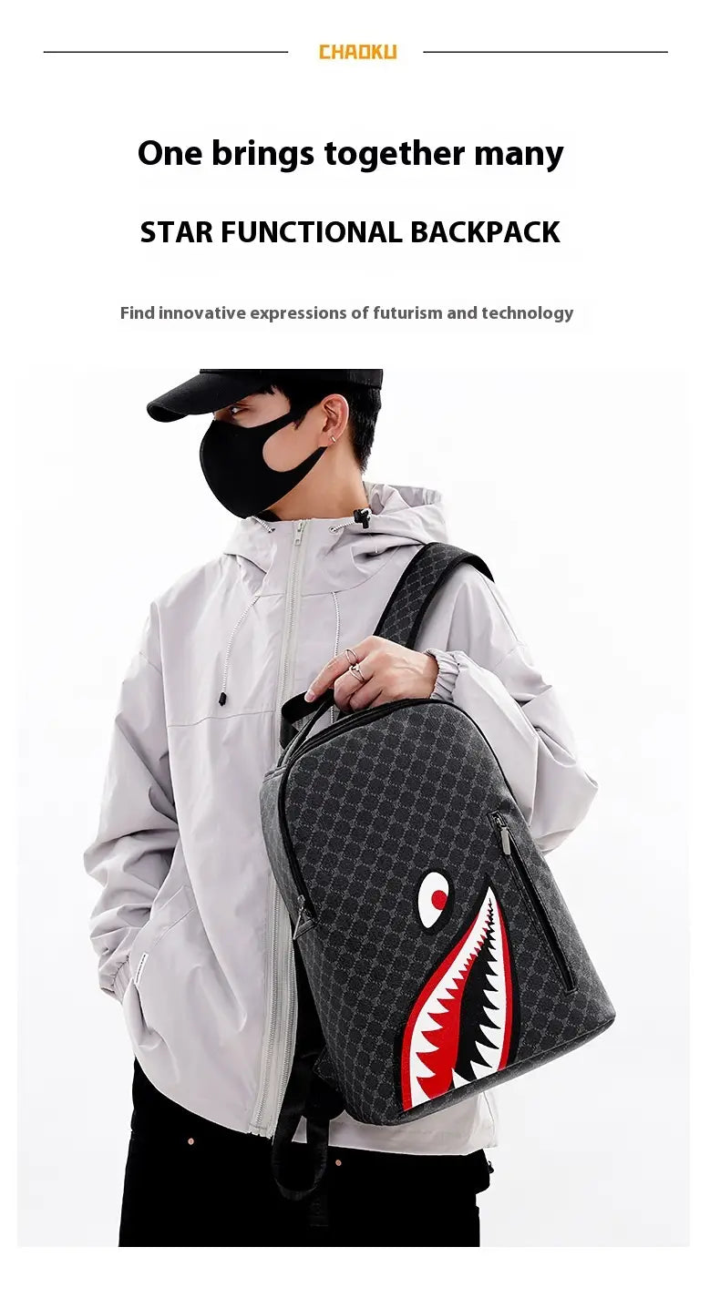 Black large capacity geometric business pu backpack featuring a bold red and white shark mouth design on the front.
