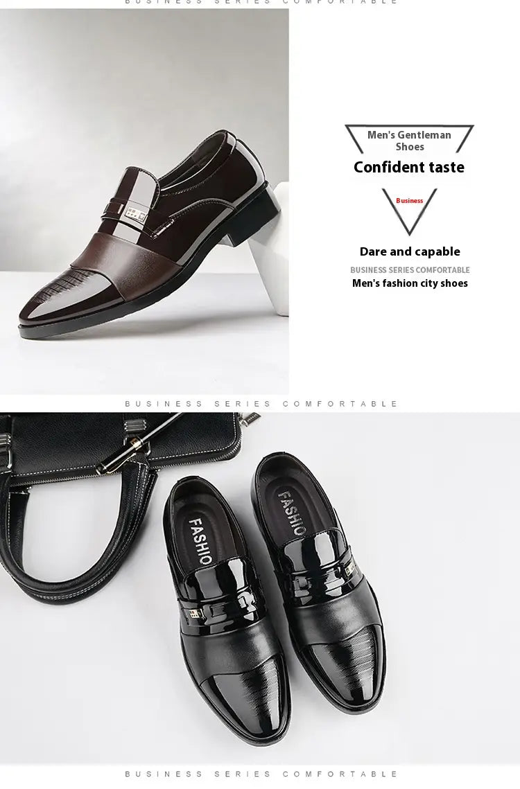 Men’s black patent leather lace-up dress shoes with glossy finish and gold-tone buckle for business and formal wear