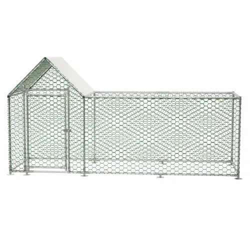 Silver galvanized metal chicken coop run with hexagonal mesh fencing and a small roof designed as a poultry habitat cage.