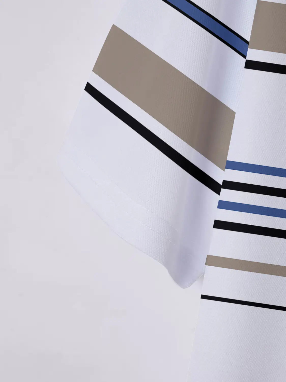 White fabric geometric striped men summer polo shirt featuring bold horizontal stripes in black navy blue and beige.