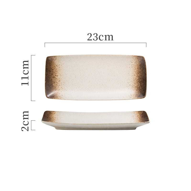 rectangular ceramic sushi plate with a beige center and speckled brown edges for Japanese dining use