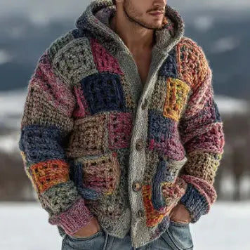 A colorful patchwork knit zip hoodie made of crochet featuring a mix of earthy tones and vibrant hues.