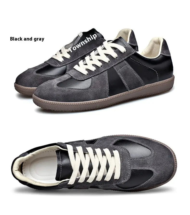 Schwarze und graue Veloursleder- sowie Leder-Low-Top-Trainingsschuhe für Herren aus Deutschland, Herren-Leder-Casual-Sneaker mit weißen Schnürsenkeln.