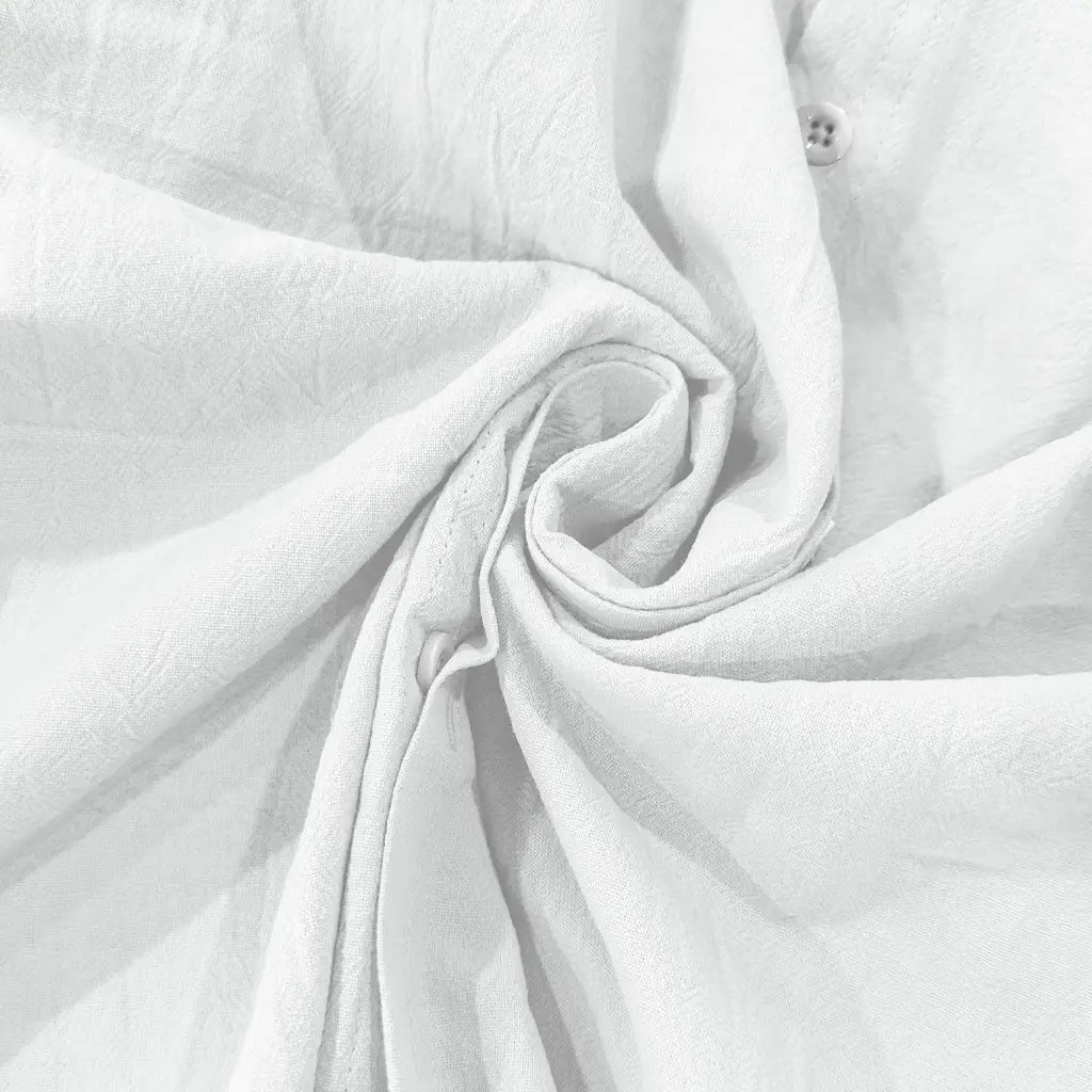 Men’s casual linen stand collar long sleeve shirt in white cotton fabric with a subtle textured weave.