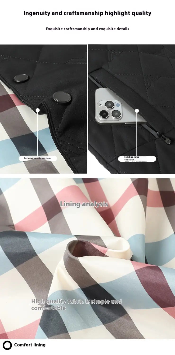 Chaqueta acolchada de trabajo para hombres en negro con forro de cuadros en tonos de rosa, azul y beige y tejido acolchado.