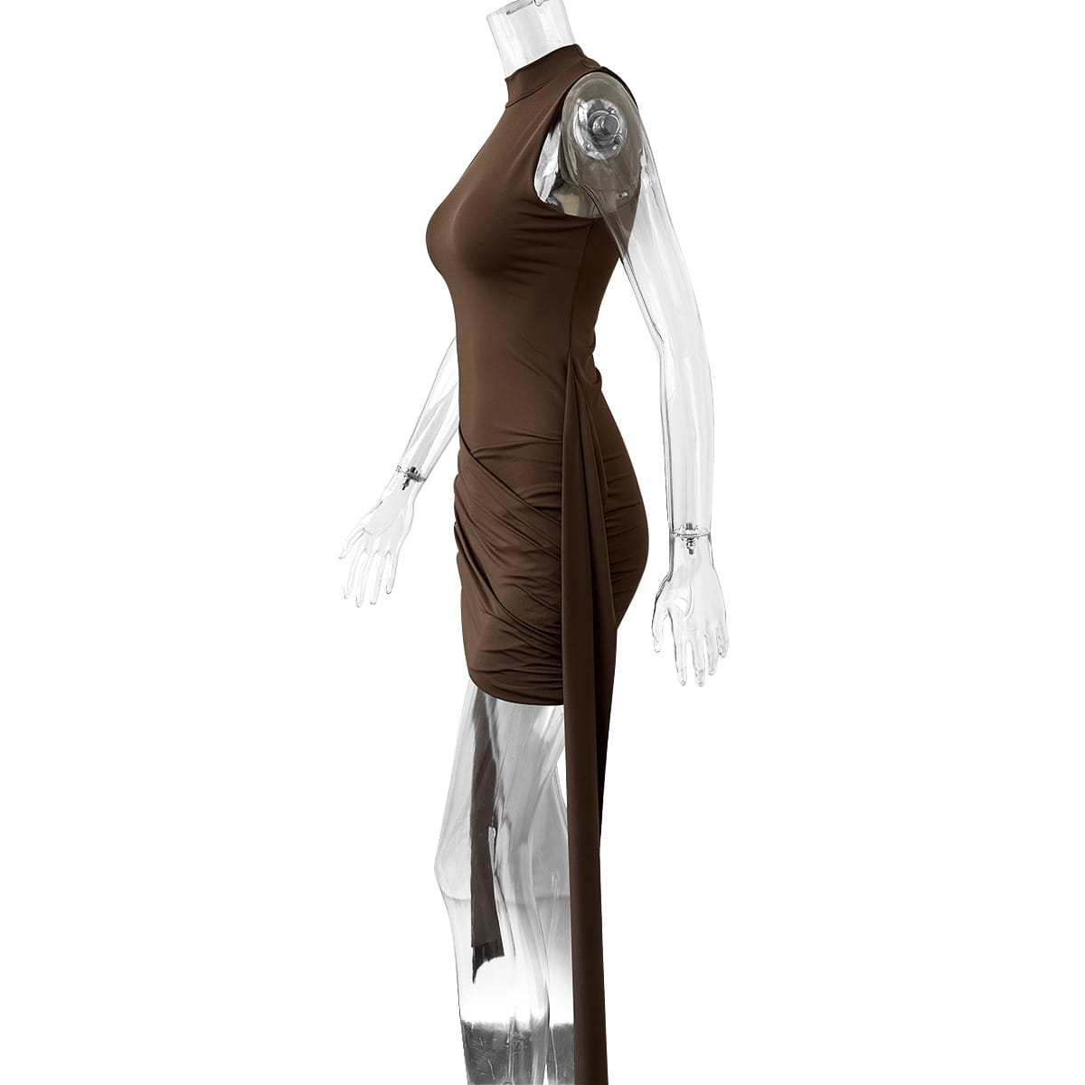 A sleek form-fitting brown midi dress with a high neckline and side slit designed for a slim fit silhouette.
