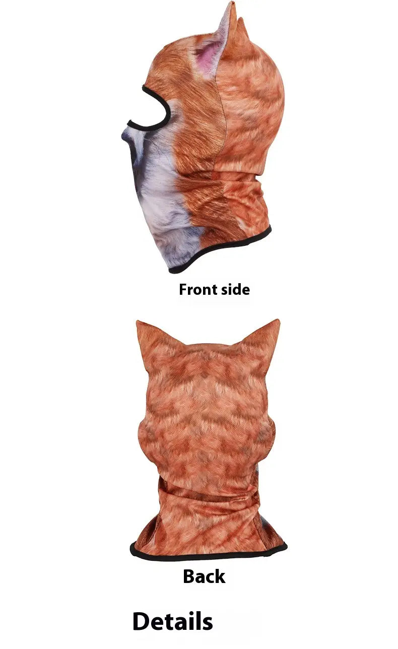 Orange tabby cat-themed balaclava mask made of soft stretchy fabric with black trim designed for sun protection and outdoor use.