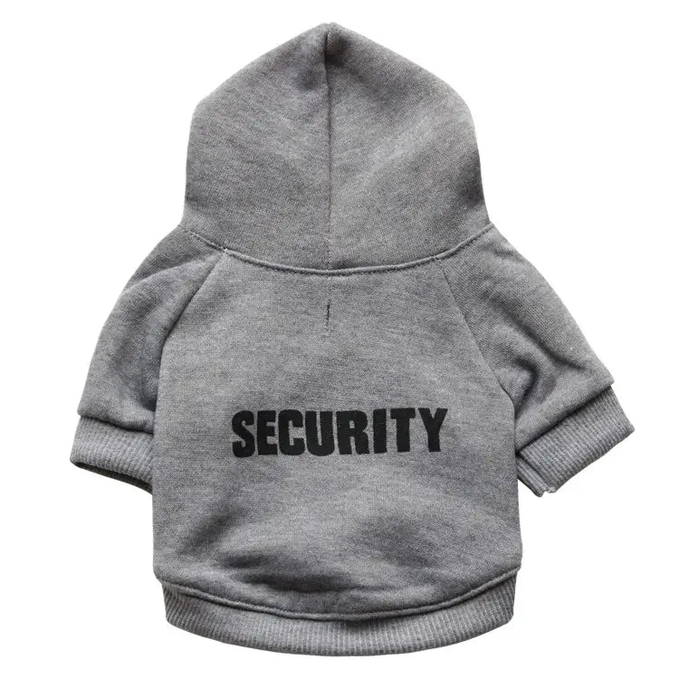 gray fleece pet hoodie security sweatshirt showing the back with bold black security text printed on the hooded sweatshirt