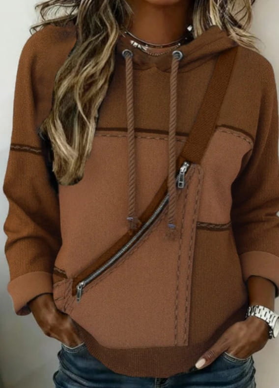 Women 3d patchwork hoodie in brown featuring a diagonal zipper pocket and rope drawstrings on a hooded sweatshirt.