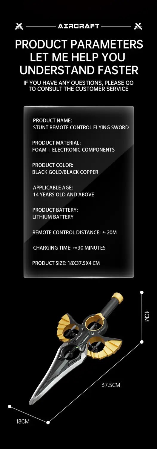 Stunt remote control flying sword with a sleek black and gold design featuring foam and electronic components for realistic flight in flying sword drone gold robot battery kids toy.