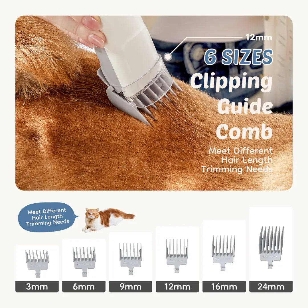 White electric pet grooming vacuum clipper with 12mm clipping guide comb for precise hair trimming in a 2.5l kit.