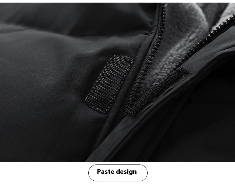 Men’s fleece hooded quilted puffer jacket in black featuring a plush fleece-lined interior and a small black velcro patch near the zipper.