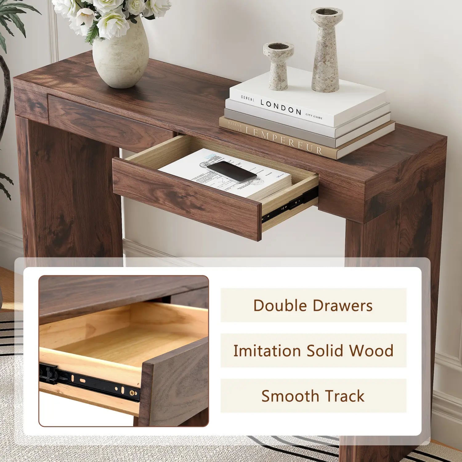 dark brown imitation solid wood walnut wood bar table with double drawers and smooth track measuring 50 inch