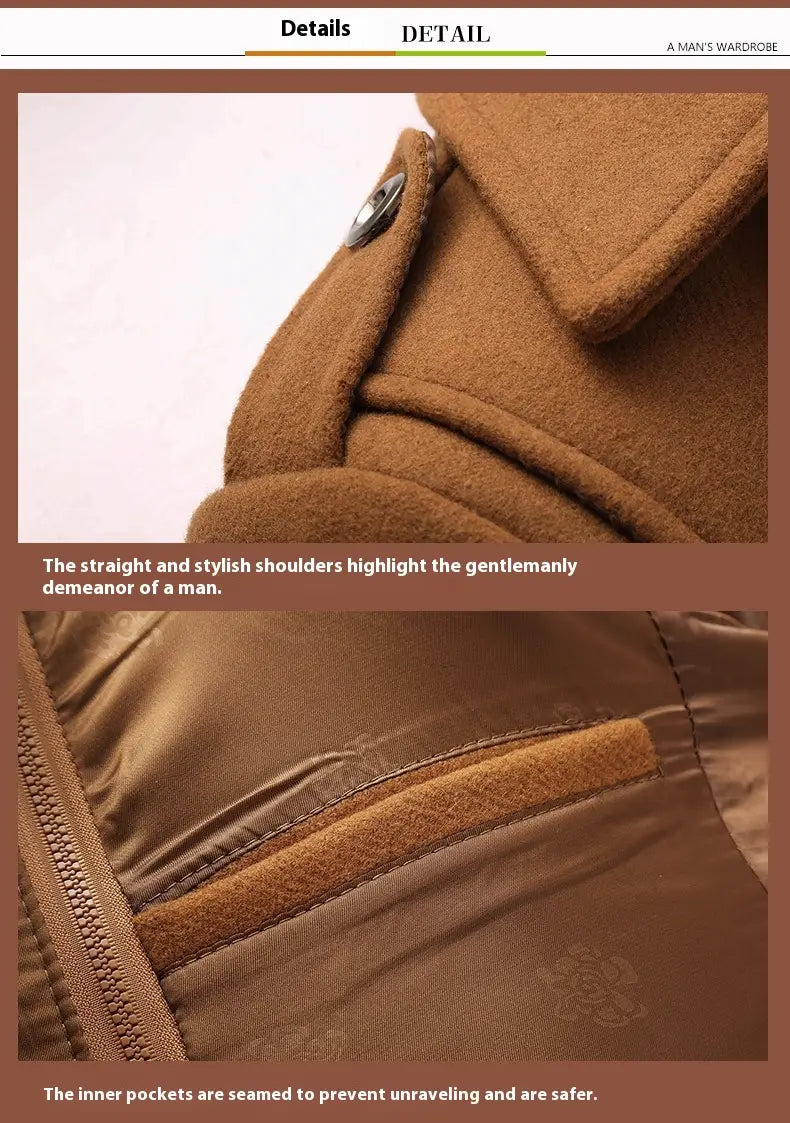 Brown woolen coat with classic collar and matching zipper details designed as a men woolen coat zipper trench jacket.