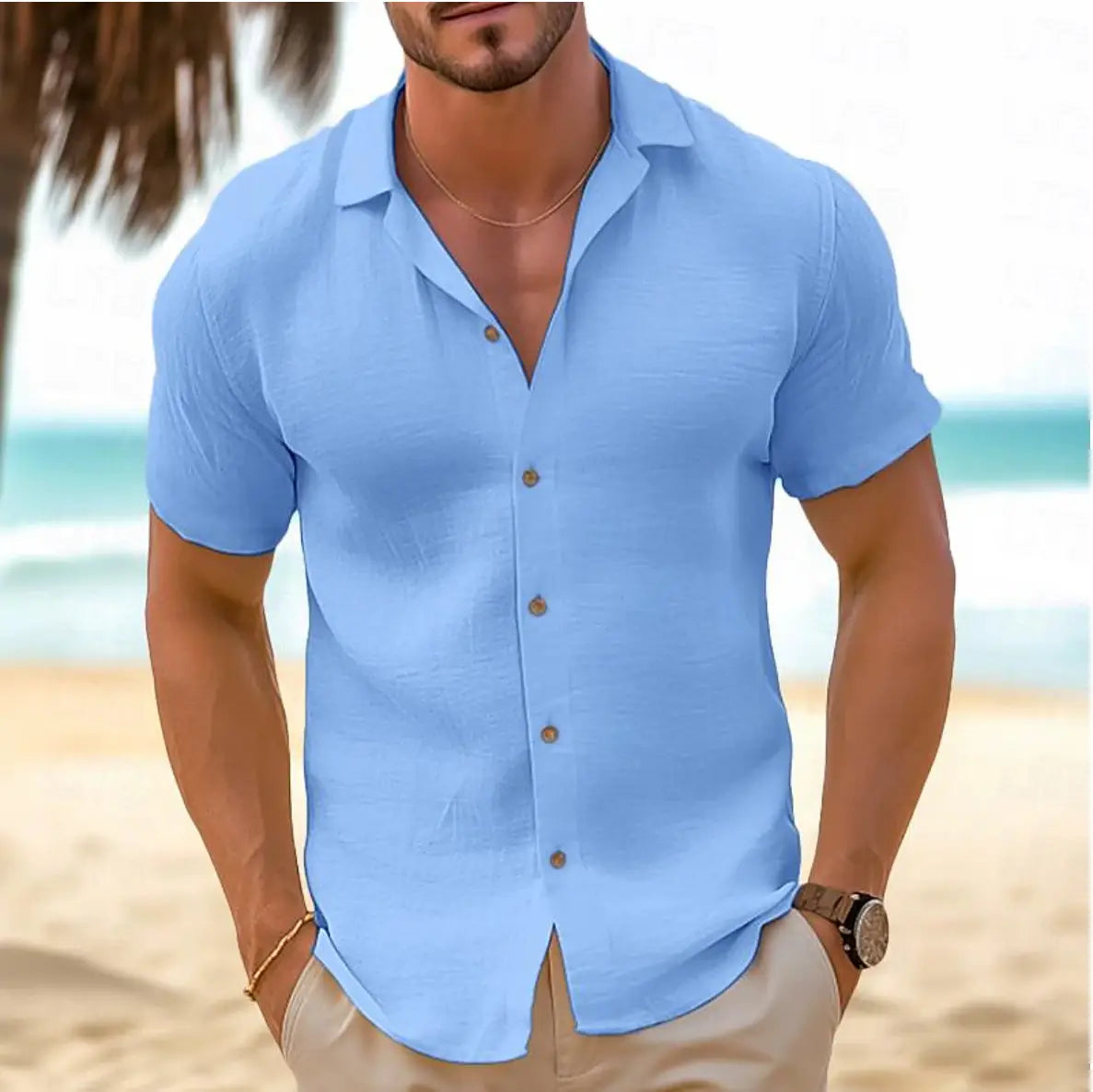 Hellblaues Herrenhemd mit kurzem Ärmel, Knopfleiste, mit Kragen und dezent strukturierter Oberfläche, Slim Fit, lässige Freizeit- und Beachwear.