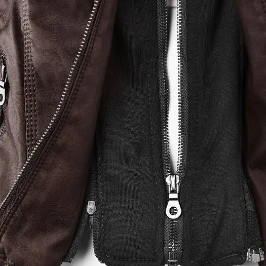 Brown faux leather moto jacket with detachable hood featuring black zipper accents and silver-toned metal zippers