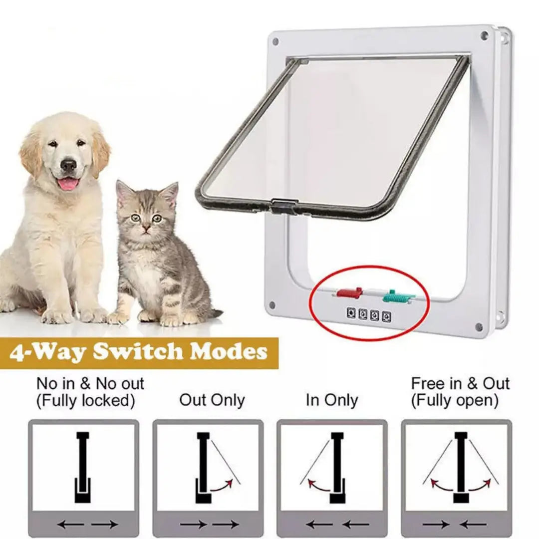 White xl pet door with clear rectangular flap and three colored switches for 4-way locking magnetic access modes designed for dogs and cats.