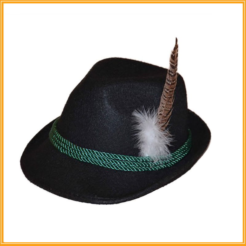 Black felt fedora hat with green braided band and brown feather with white down accent men wool jazz cap.