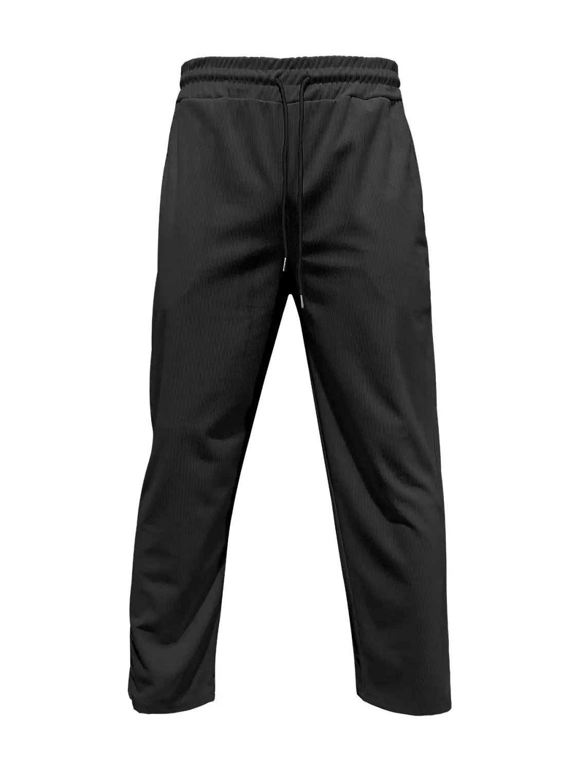 Pantalones casuales rectos de pana negros con cordón, ajuste relajado y canaladuras verticales sutiles.