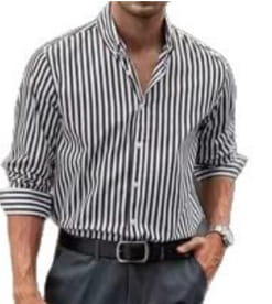 Black and white vertically striped casual long sleeve button down shirt for men with rolled up sleeves.