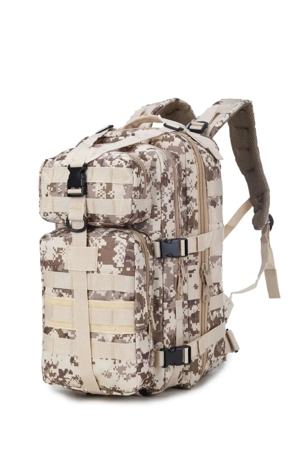 Beige and tan digital camouflage tactical waterproof mountaineering backpack with adjustable shoulder straps and multiple external pockets.