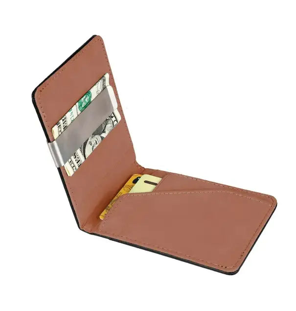 Brown leather RFID blocking slim bifold money clip wallet with silver metal strip holding cash and multiple card slots.