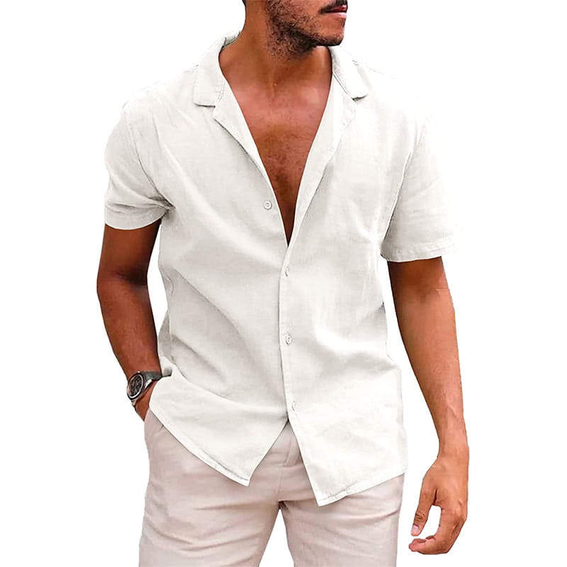 A men’s casual textured short sleeve button down shirt in crisp white with a classic collar and relaxed fit.