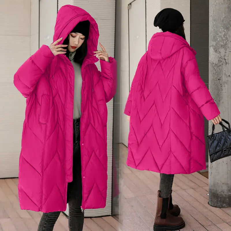 Women mid length padded down jacket quilted winter coat in bright pink with a hood and front zipper
